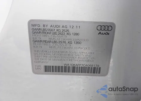 2012 Audi Q5 3.2 Premium Plus из США, поврежденный, VIN WA1DKAFP7CA068178